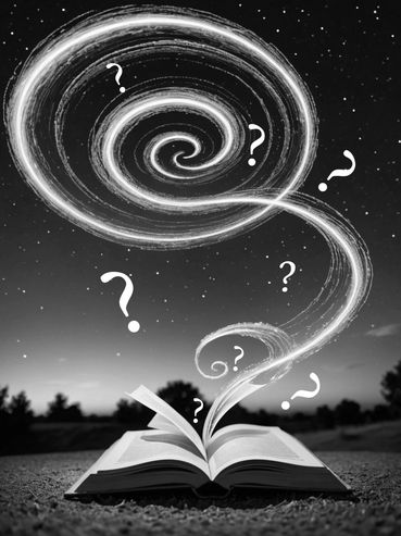 A book with question marks swirling out of it.