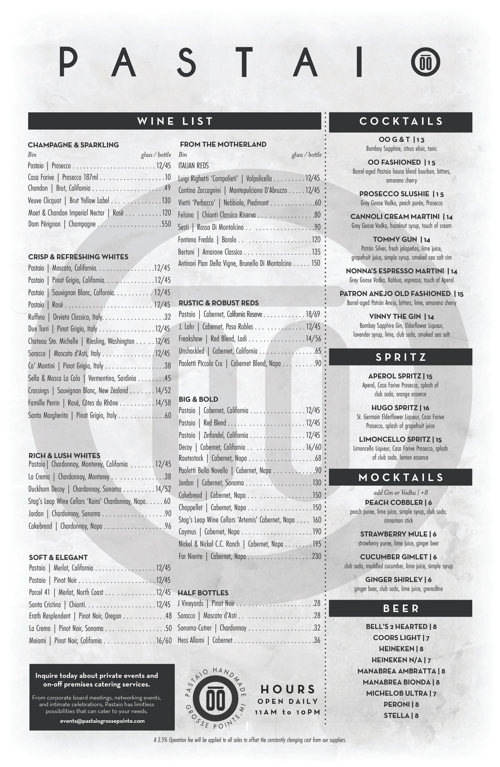 Restaurant wine and cocktail menu with prices.