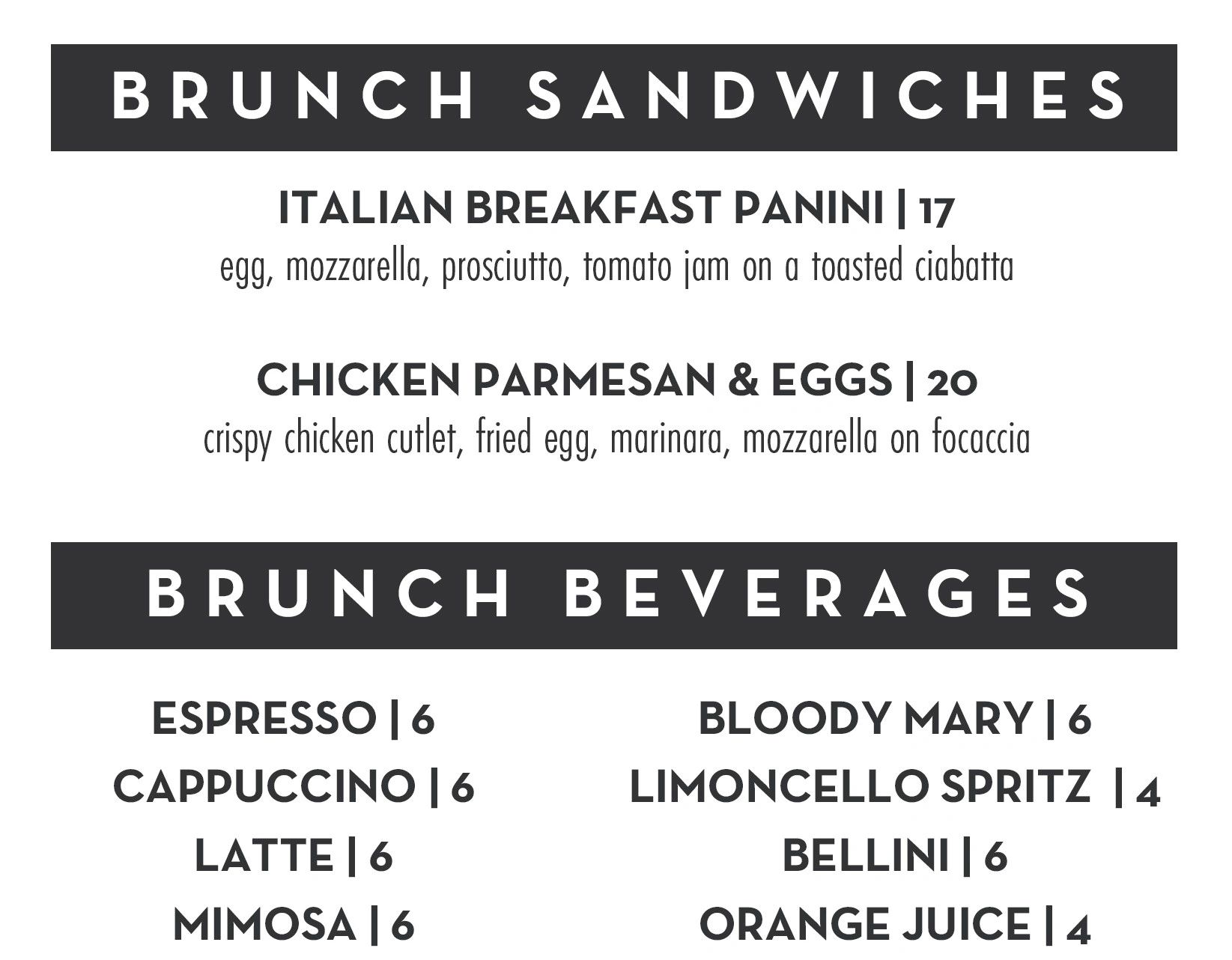 Brunch menu with sandwiches and beverages.