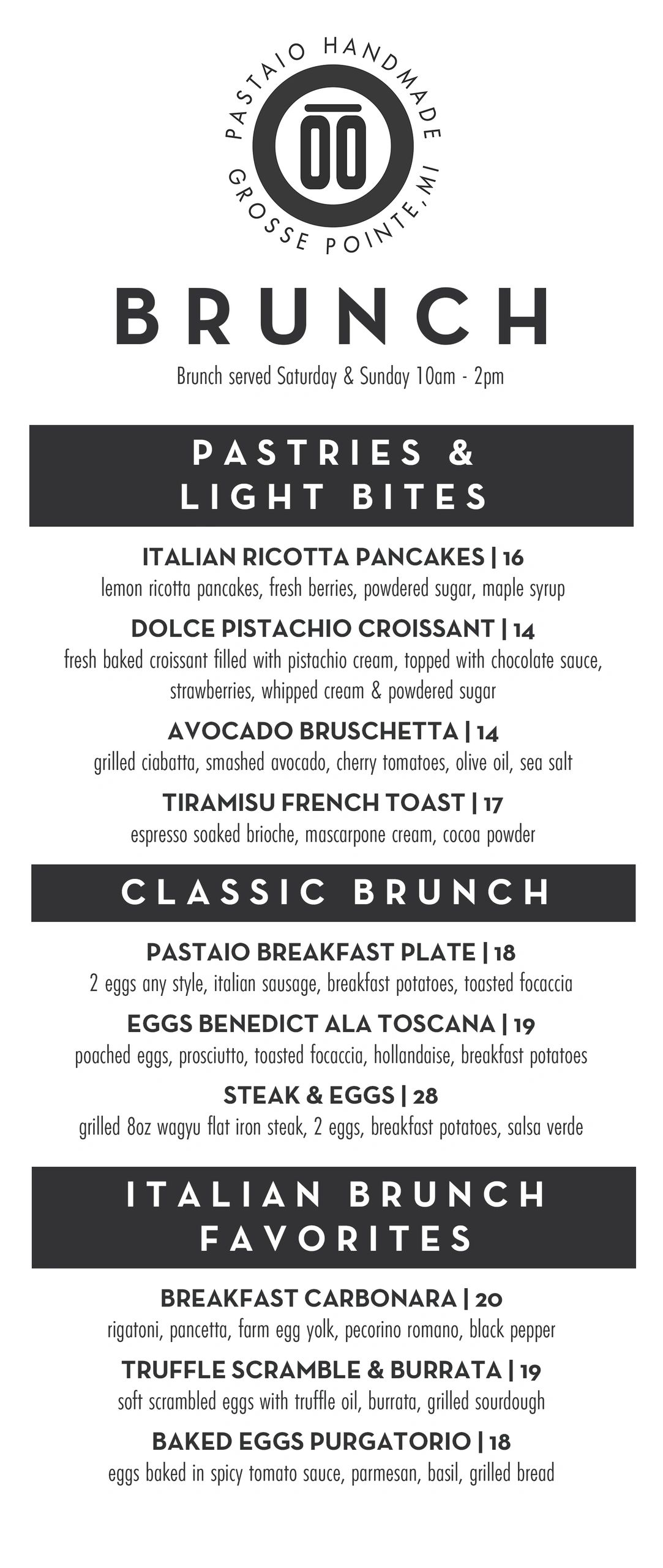Brunch menu featuring pastries, classic, and Italian brunch favorites.