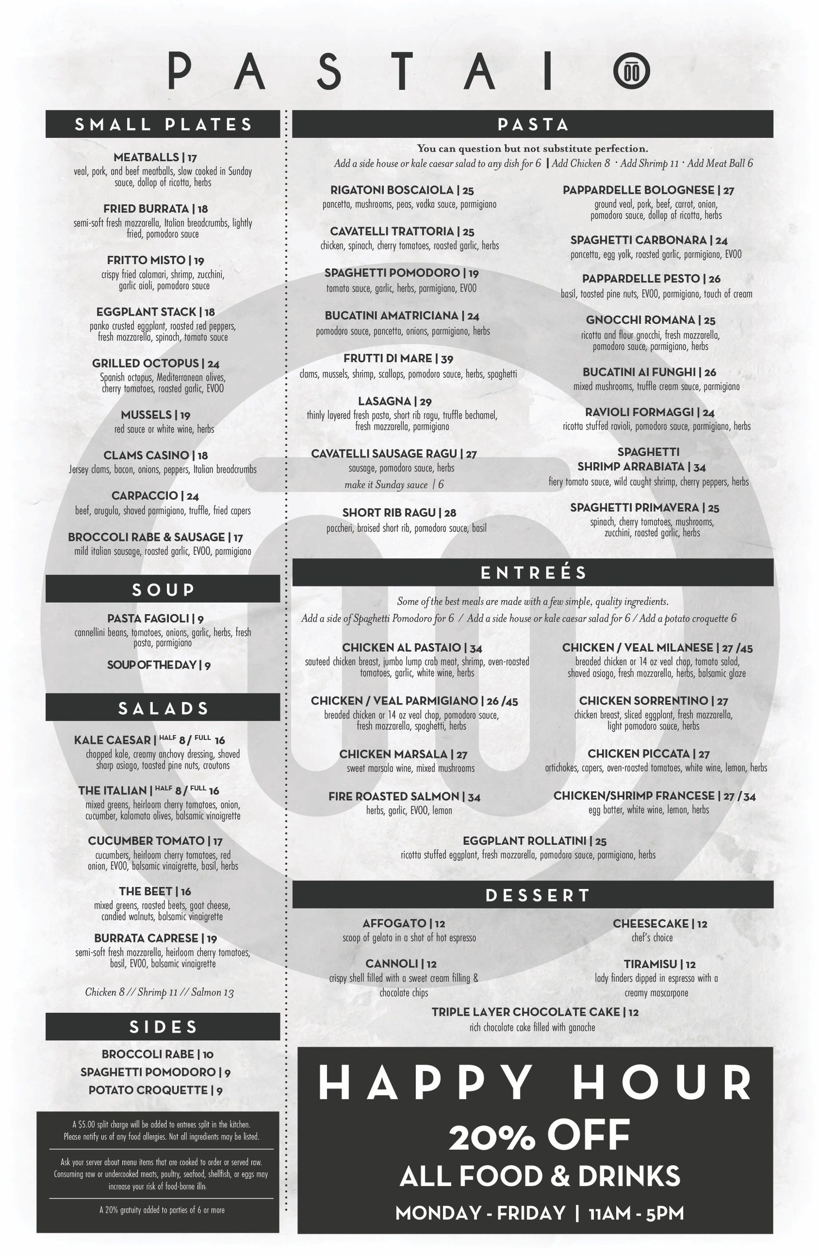 Italian restaurant menu featuring small plates, pasta, salads, entrees, and desserts.