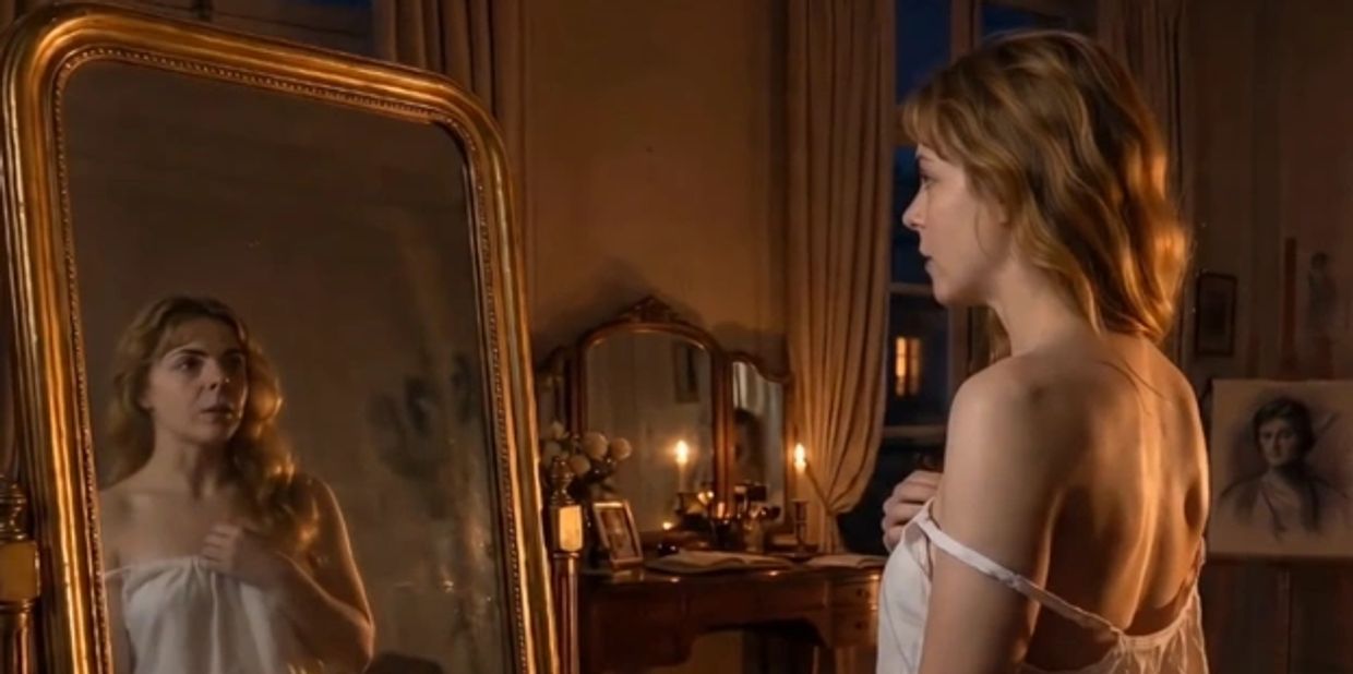 A woman looks at herself in a large mirror in a softly lit room.