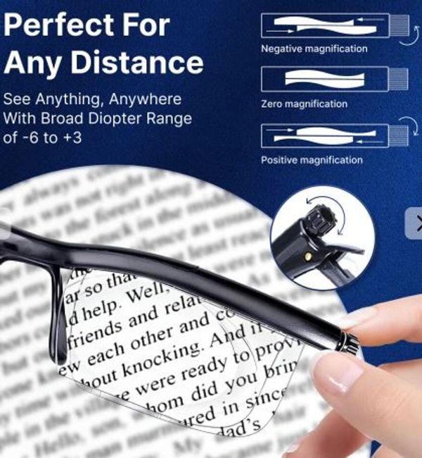 Brille mit verstellbarer Dioptrienzahl für verschiedene Vergrößerungen.