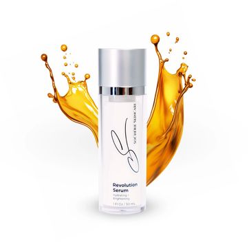 Revolution Serum bottle with golden liquid splash background.