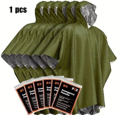 Multiple olive green emergency ponchos with packaging shown.