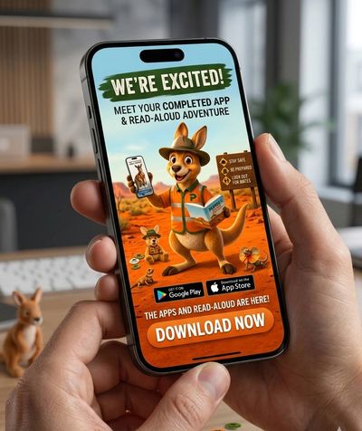 Person holding phone showing a kangaroo-themed reading app.