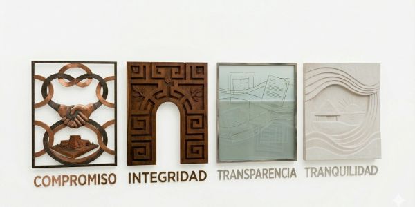 Four artistic panels symbolize values: commitment, integrity, transparency, and tranquility.
