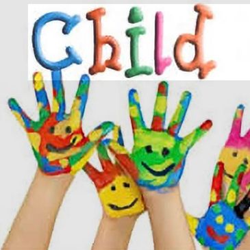 Colorful painted hands with smiley faces under 'Child Care' text.