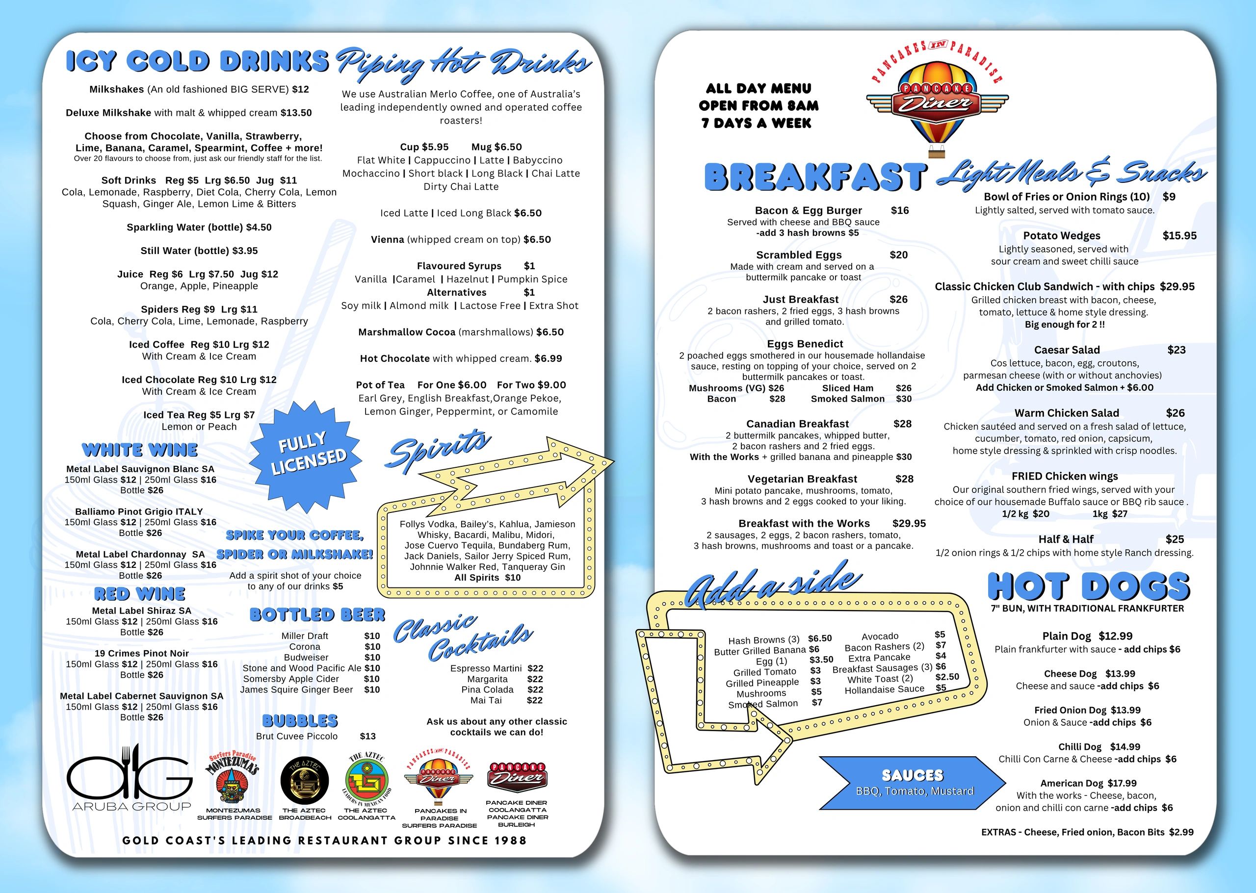 Menu featuring cold drinks, breakfast, snacks, hot dogs, and sides with prices.