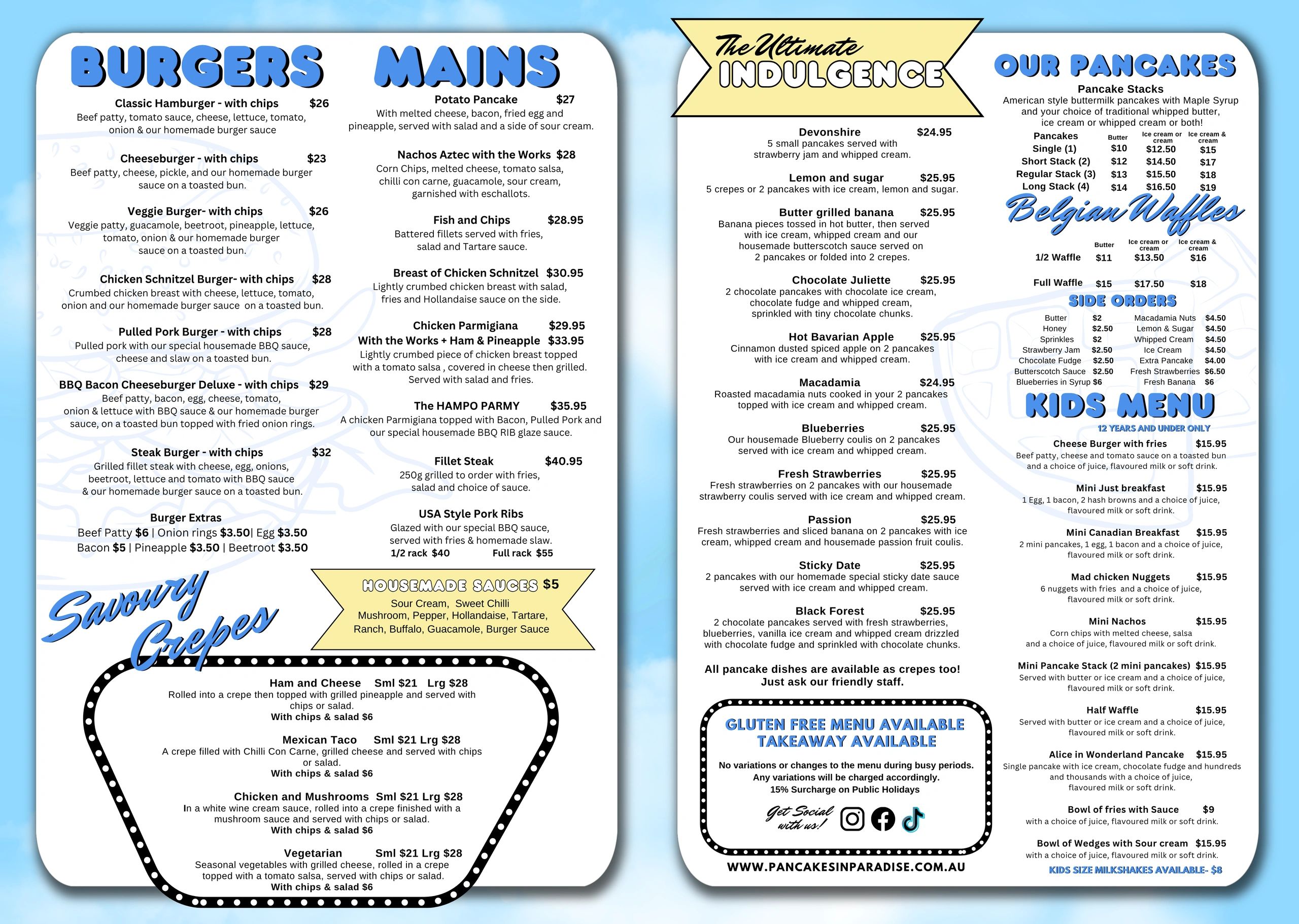 Menu featuring burgers, mains, pancakes, waffles, side orders, and kids meals with prices and descriptions.