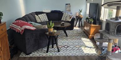 Cozy living room with a sectional sofa, patterned rug, and cat tree near the window.