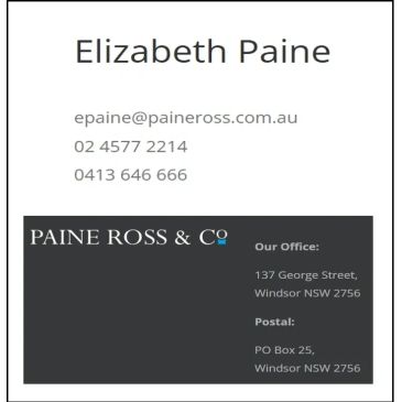 Professional business card for Elizabeth Paine at Paine Ross &amp; Co.