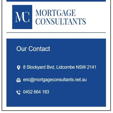Mortgage Consultants contact info with address, email, and phone number.