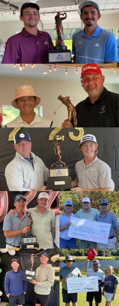 Golfers proudly hold trophies and oversized checks at various events.