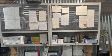 Thank you notes from our happy couples and their families posted in our kitchen area at Willow Haven