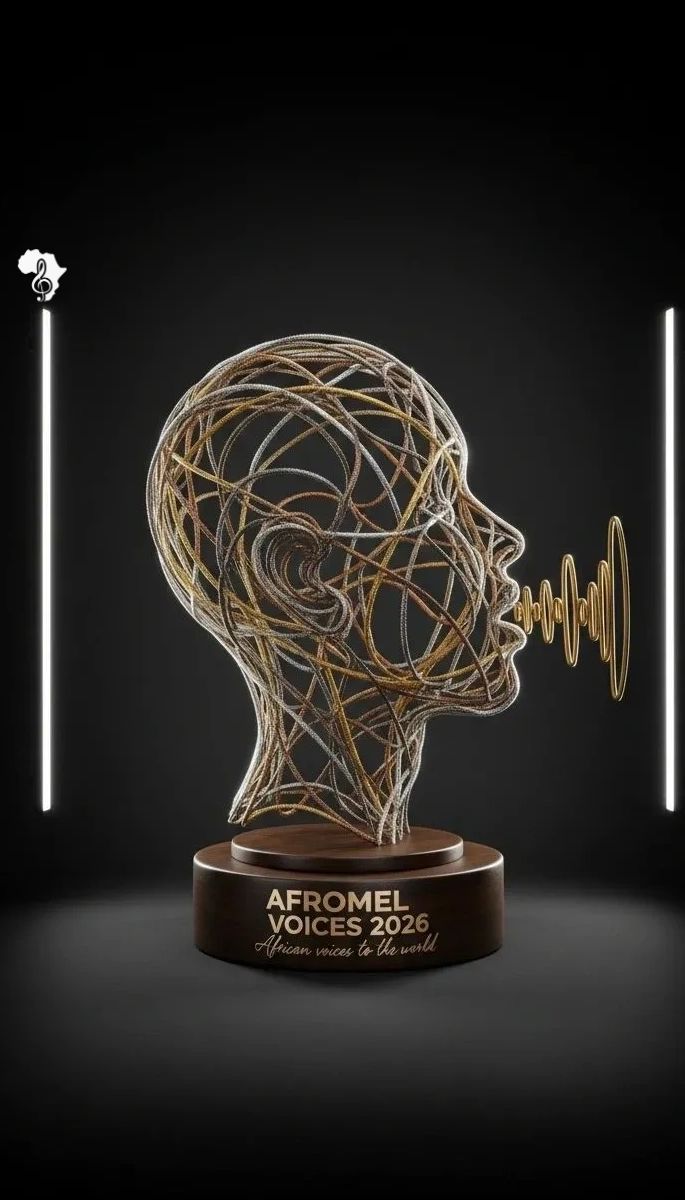 Artistic wire sculpture of a human head with sound waves, representing AfroMel Voices 2026.
