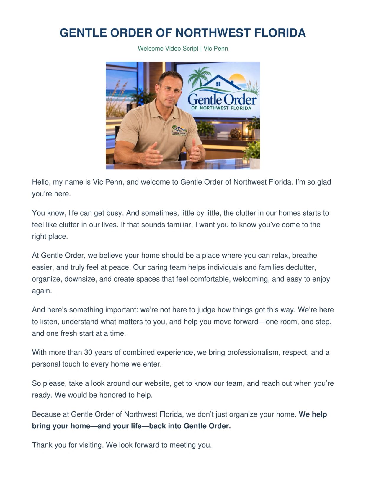 Welcome message from Vic Penn for Gentle Order of Northwest Florida.