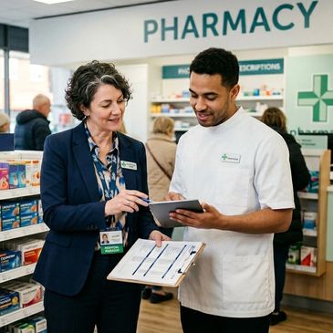 Pharmacist and customer discussing medication in a pharmacy.