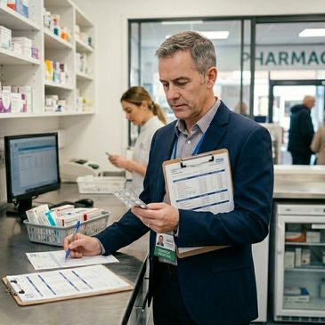 Pharmacist checking medication and updating records inside a pharmacy.