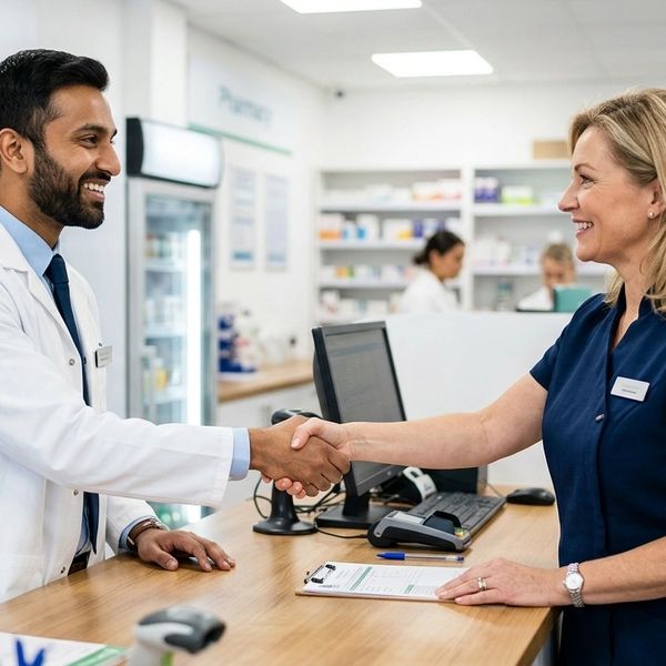 Pharmacist and customer shaking hands at pharmacy counter.