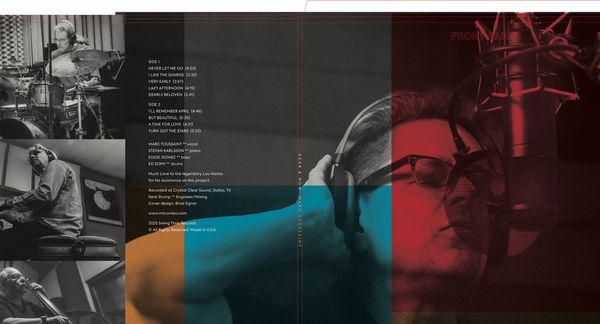 Black and white photos of a musician recording with colorful overlay and text in the center.