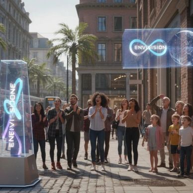 Crowd watching a futuristic holographic display in an urban street setting.
