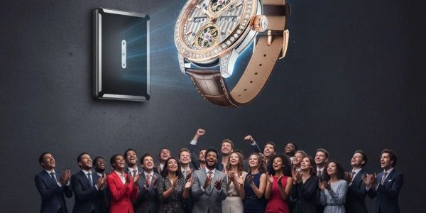 A group admiring a giant luxury watch projected by a device.