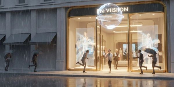 People running in the rain toward a futuristic, well-lit store entrance.