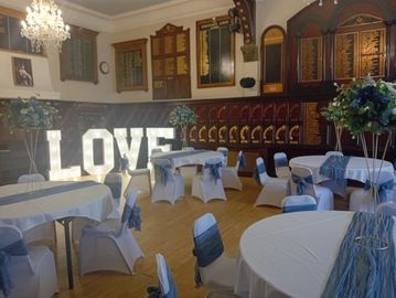 Durham Masonic Hall wedding reception with dusky blue colour scheme and LOVE letters.