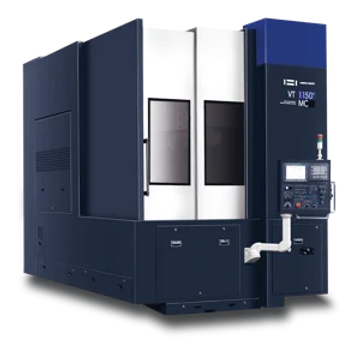 A large industrial CNC machine in dark blue and white.