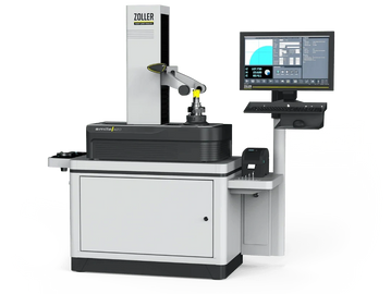 A Zoller tool presetting and measuring machine with a monitor and robotic arm.