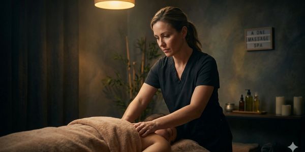 A therapist giving a relaxing massage in a dimly lit spa room.