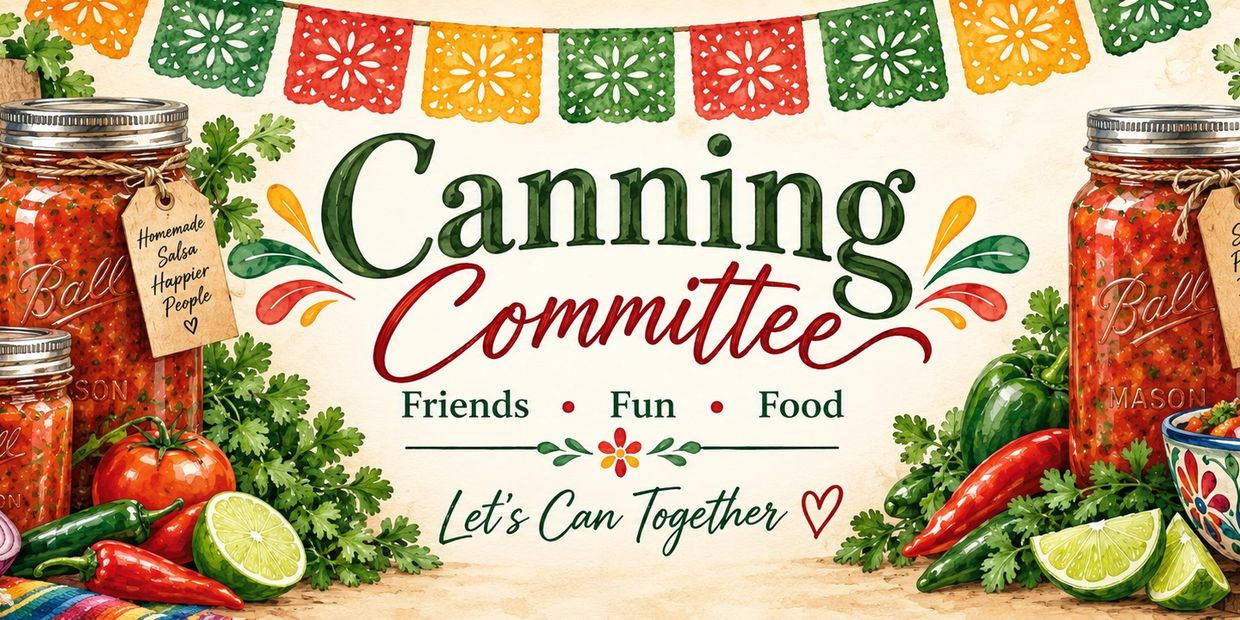 Colorful canning committee sign with jars and fresh ingredients.