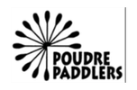 Black and white Poudre Paddlers logo with stylized paddle design.