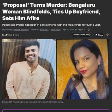 Bengaluru woman blindfolds, ties up boyfriend, and sets him on fire over a proposal.
