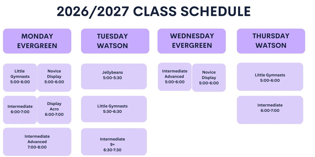 2026/2027 gymnastics class schedule with days, locations, and times for various skill levels.