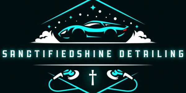 Modern logo for Sanctified Shine Detailing with a sleek car and polishing tools.