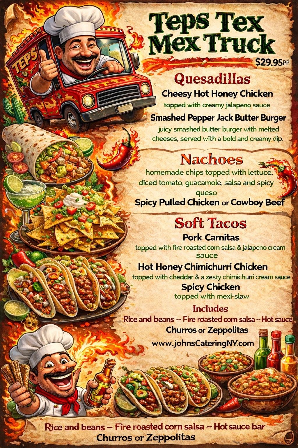 Tep's Tex Mex Truck menu featuring quesadillas, nachos, soft tacos, and sides for $29.95 per person.