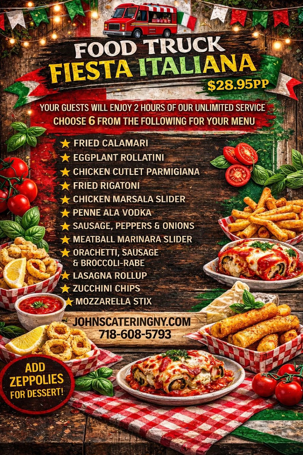Italian food truck menu with various dishes and a dessert option for $28.95 per person.