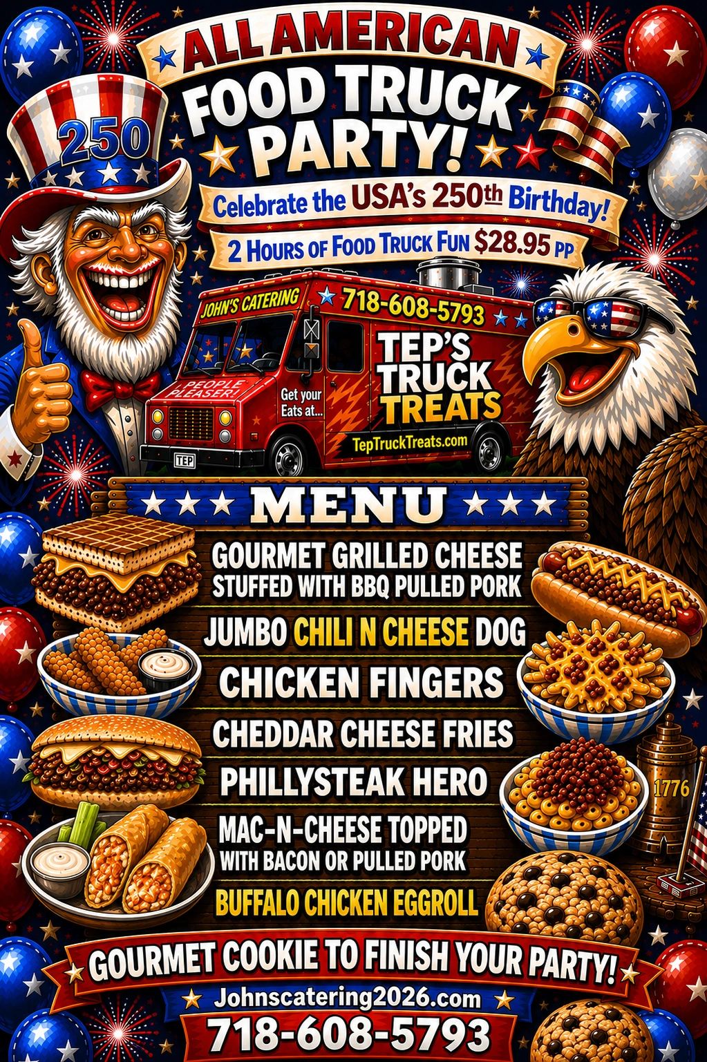 All American Food Truck Party celebrating USA's 250th birthday with a festive menu and patriotic designs.