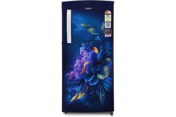 Blue floral design single-door Whirlpool refrigerator with a silver handle.