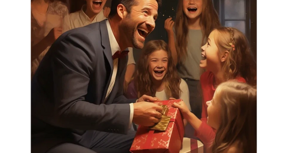 Joyful dad surrounded by excited family members, opening a gift he loves with a beaming smile on his