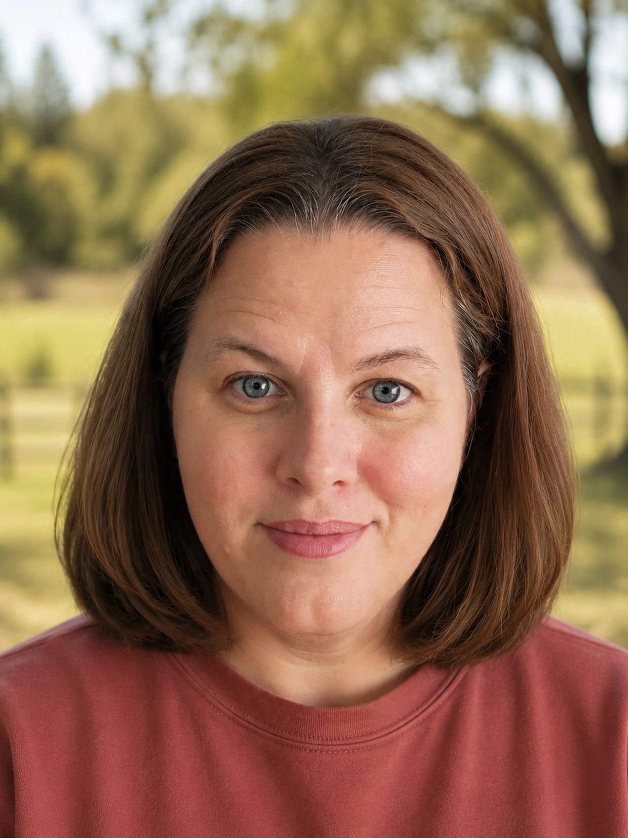 Smiling woman with brown hair outdoors.
