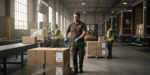 Workers moving packages in a UPS warehouse.