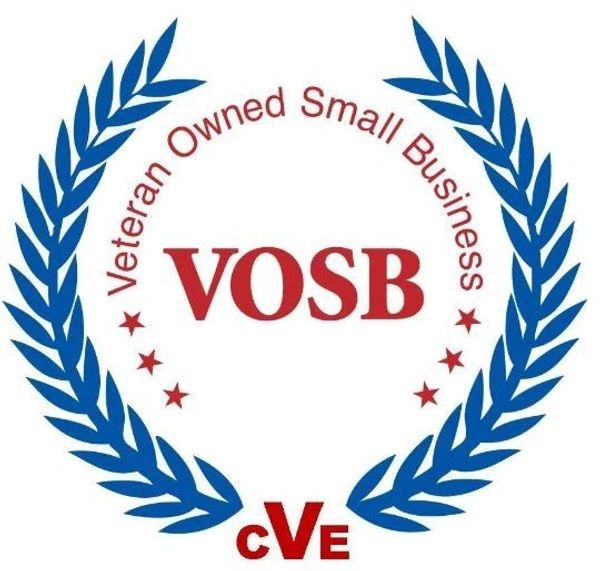 Logo with blue laurel wreath and red text indicating Veteran Owned Small Business.