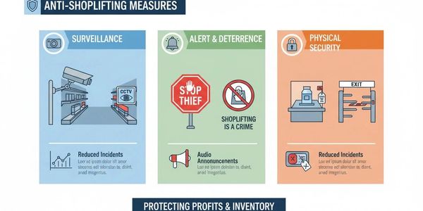 Infographic showing anti-shoplifting measures like surveillance, alerts, and physical security.