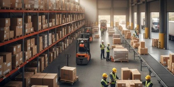 Workers managing packages in a spacious warehouse.