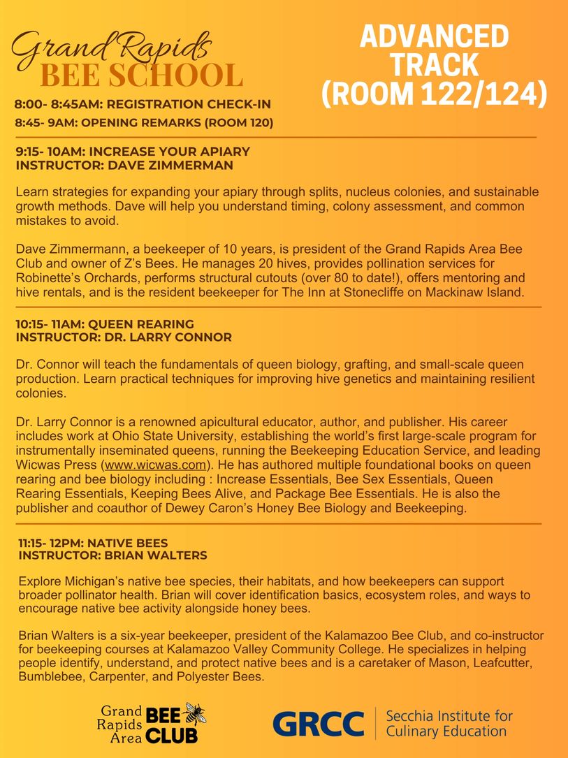 Schedule for Grand Rapids Bee School Advanced Track with beekeeping sessions and expert instructors.