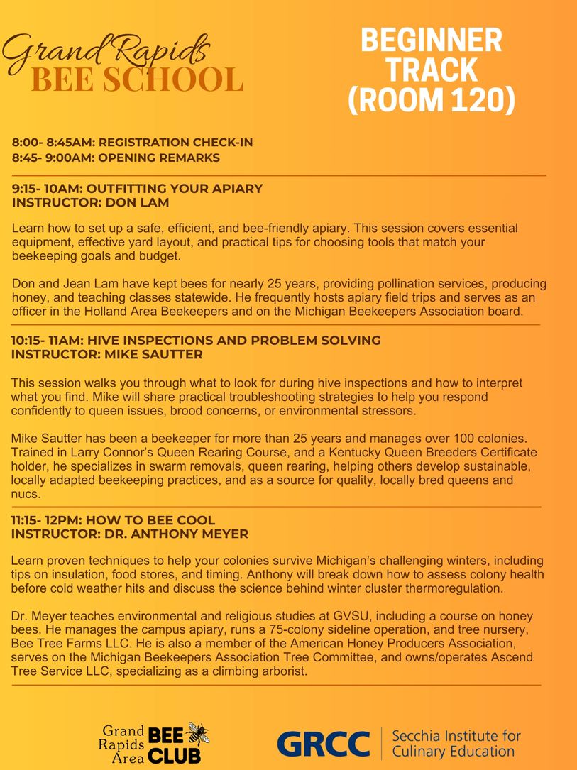 Schedule for Grand Rapids Bee School Beginner Track in Room 120 with beekeeping classes and instructors.