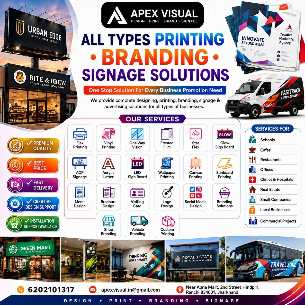 Apex Visual offers printing, branding, and signage solutions with premium quality and fast delivery.